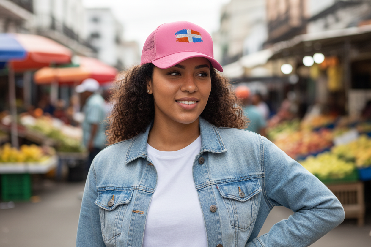 Dominican woman wearing pink DR Trucker Cap