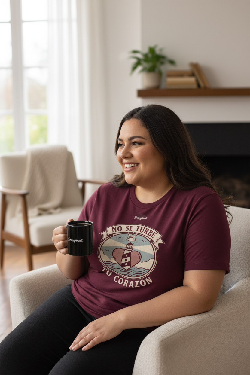Mockup corregido - Modelo plus-size con camiseta y mug