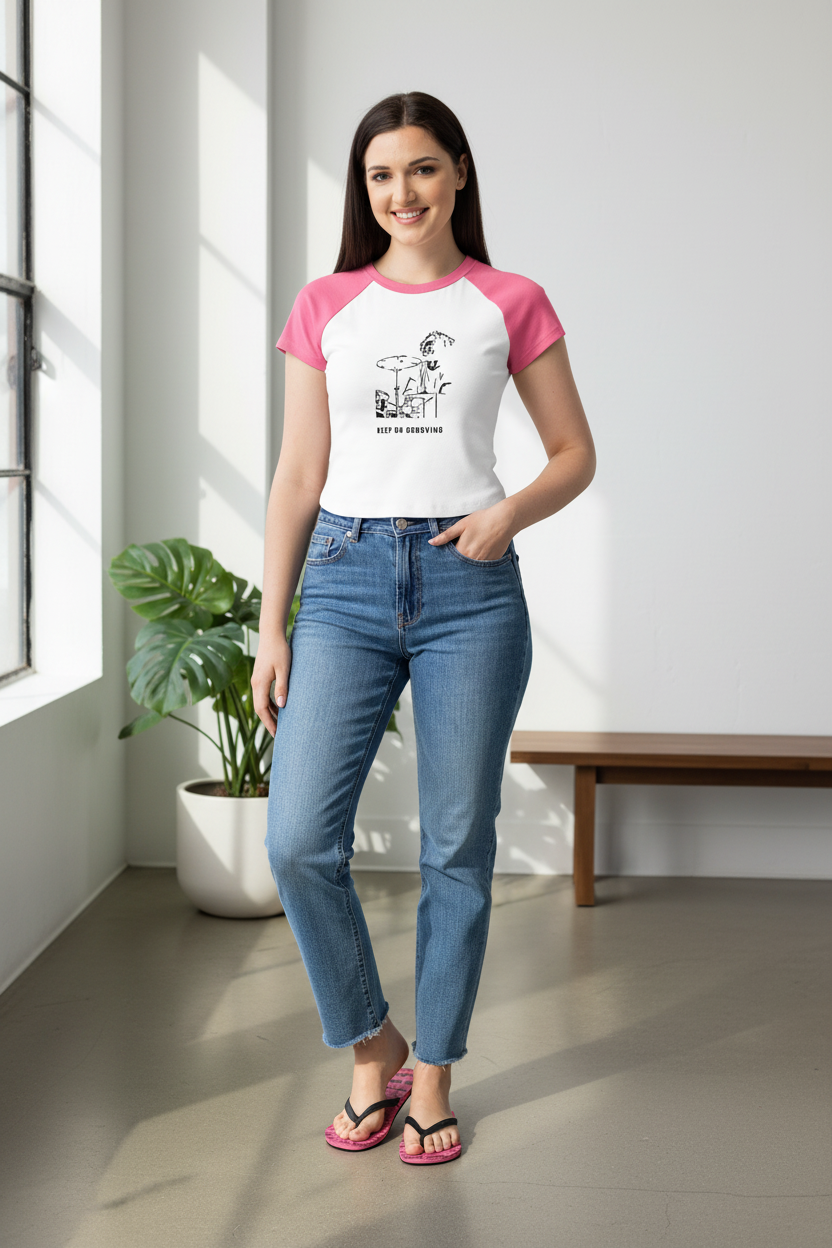 Modelo con baby tee y flip-flops
