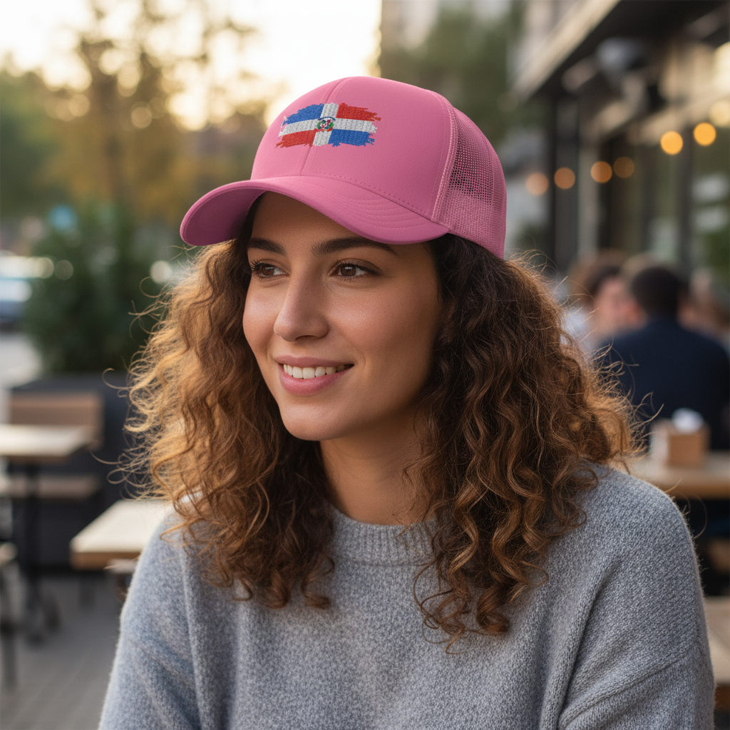 Women wearing pink DR Trucker Cap