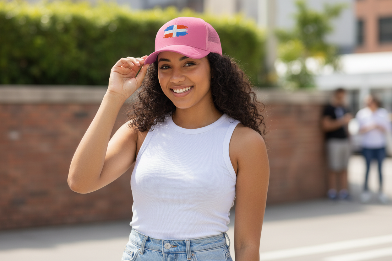 Young Dominican woman wearing pink DR Trucker Cap